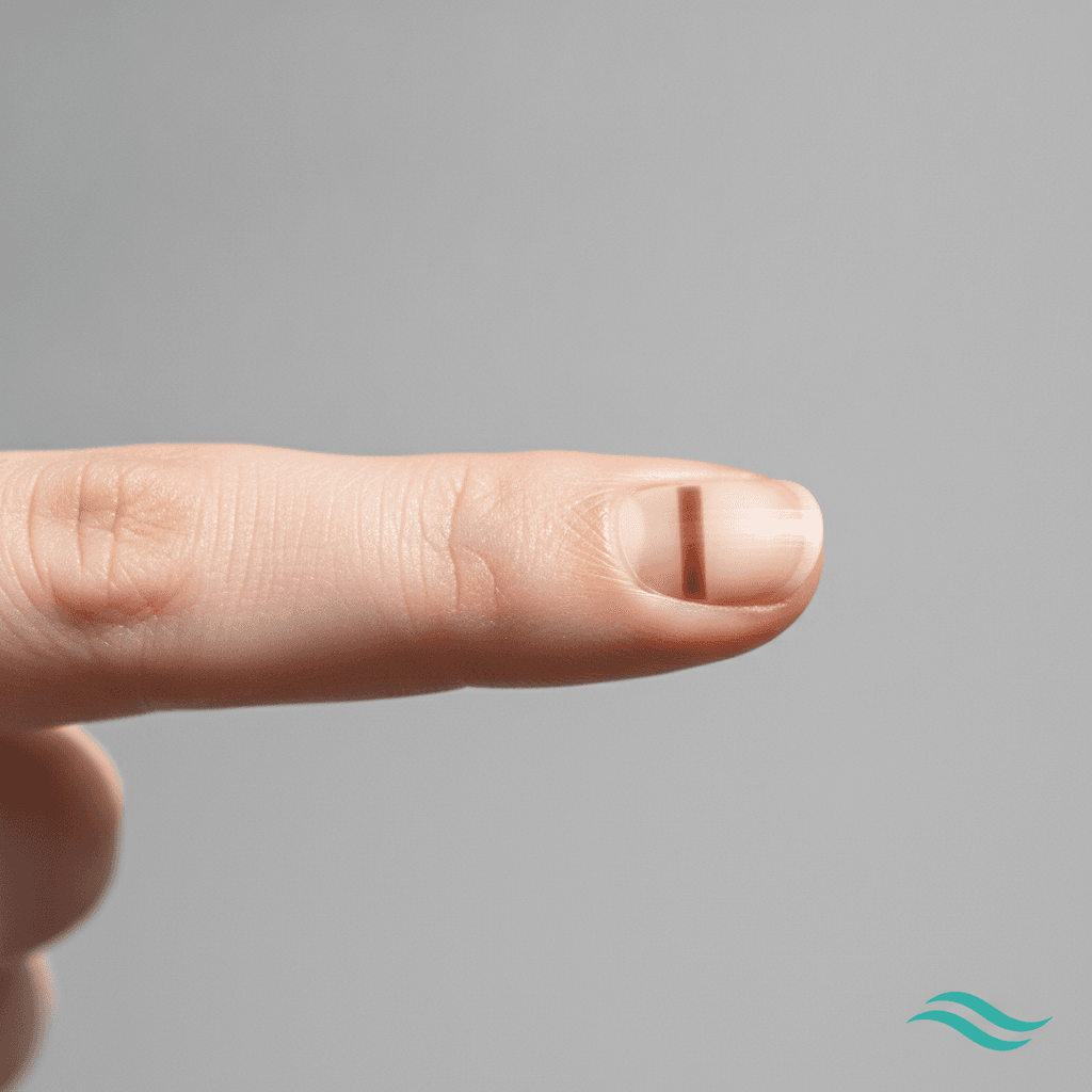 Close-up of a fingernail with a brown vertical band running from cuticle to tip