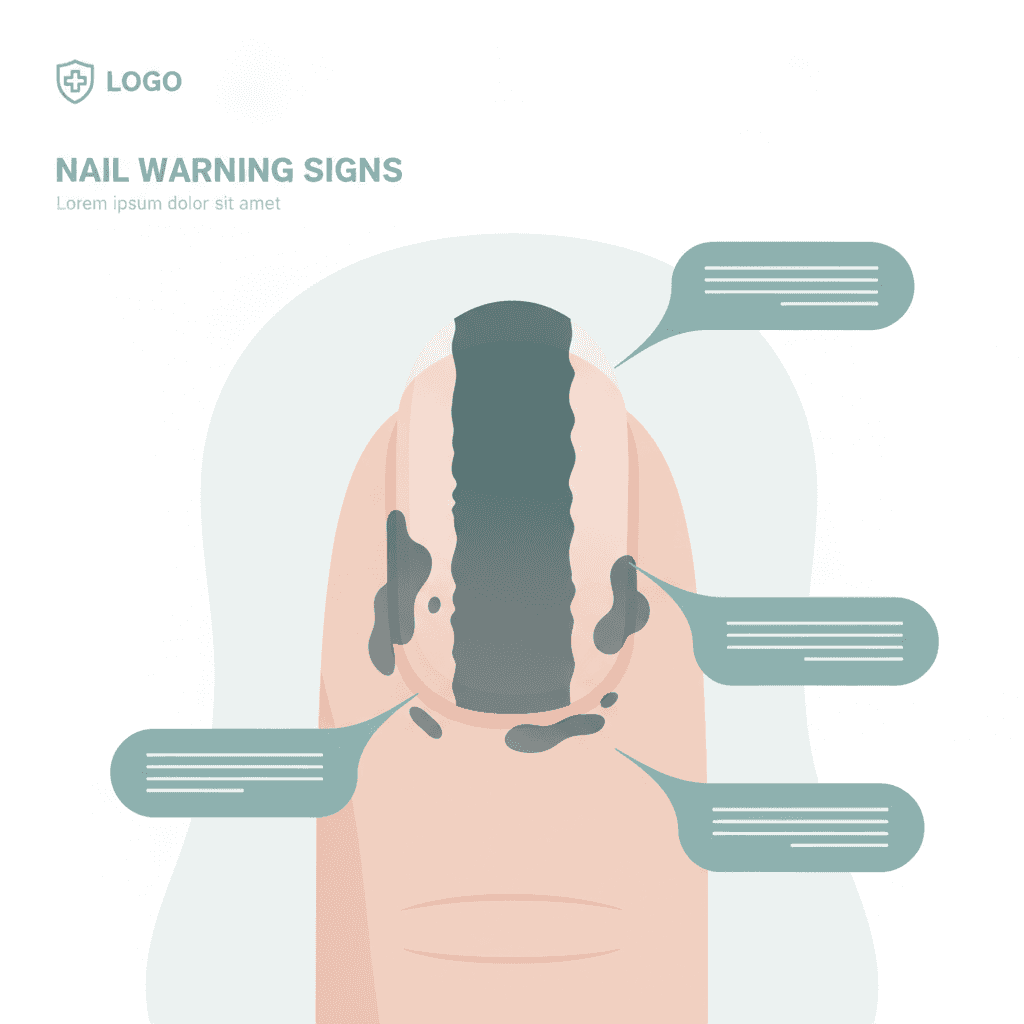 Diagram showing warning features of a nail band: single digit, widening, irregular edges, pigment on skin