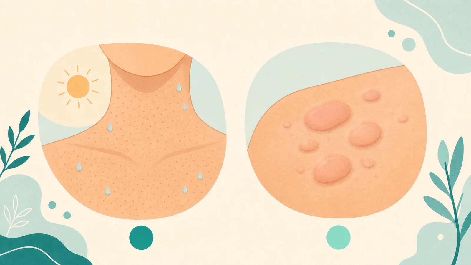 Illustration comparing tiny uniform dots on sweaty covered skin with larger raised welts that vary in size
